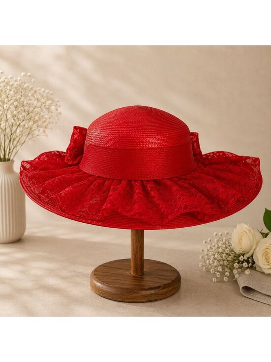 Red Wide Brim Hat Flat Top Church Fashion VTG Layered Lace Bow Derby Fascinator main image 15